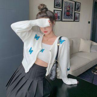 Butterfly Print Cardigan / Butterfly Print Sleeveless Crop Top / Pleated Mini Skirt