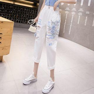 Flower Embroidered Distressed Cropped Tapered Jeans