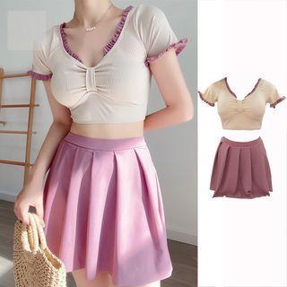 Set: Short Sleeve Contrast Trim Swim Top + Pleated Swim Skirt