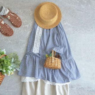 Elbow-sleeve Lace Panel Plaid Drawstring Blouse Blue - One Size