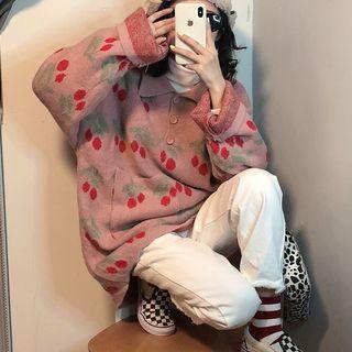 Cherry Print Long-sleeve Polo Top