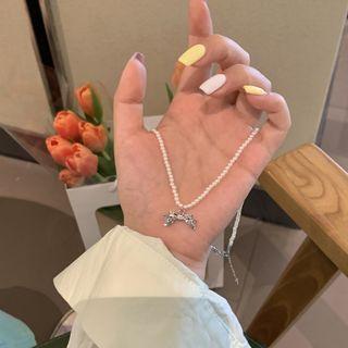 Bow Pendant Faux Pearl Choker White & Silver - One Size