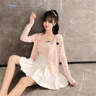Heart Embroidered Cardigan / Camisole / Mini Pleated Skirt / Set