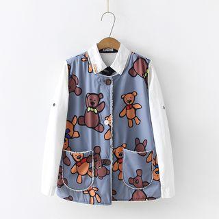 Fleece-lined Bear Print Vest Grayish Blue - One Size