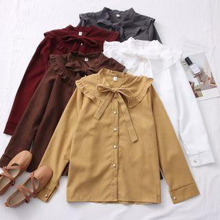 Ribbon-neckline Plain Shirt In 5 Colors