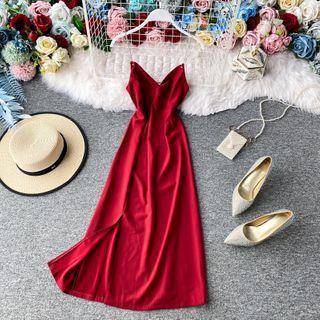 V-neck Spaghetti-strap Midi Chiffon Dress