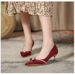 Flared Heel Faux Pearl Pointed Pumps