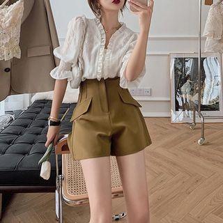 Set: Elbow-sleeve Ruffle Blouse + Wide-leg Shorts