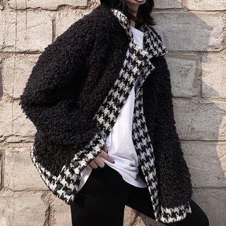 Houndstooth Trim Fleece Coat As Shown In Figure - One Size
