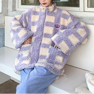 Long-sleeve Plaid Fleece Sweatshirt Purple - One Size