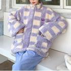 Long-sleeve Plaid Fleece Sweatshirt Purple - One Size