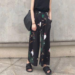 Cropped Crane Print Wide-leg Pants