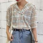 Elbow-sleeve Wide Collar Plaid Top