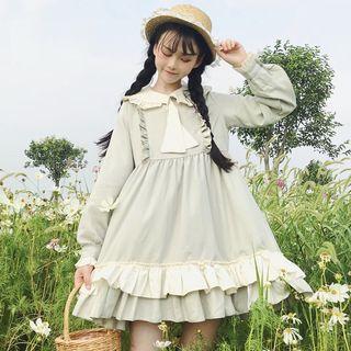 Long-sleeve Ruffle-trim A-line Dress As Shown In Figure - One Size