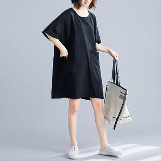 Elbow-sleeve Plain Mini A-line Dress Black - One Size
