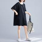 Elbow-sleeve Plain Mini A-line Dress Black - One Size