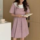 Short-sleeve Contrast Collar Pleated Mini A-line Dress Purple - One Size