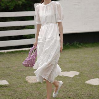 Set: Short-sleeve Tiered A-line Midi Dress + Slipdress