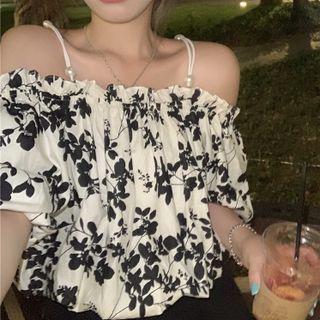 Elbow-sleeve Cold Shoulder Floral Top Black Floral - White - One Size