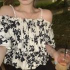 Elbow-sleeve Cold Shoulder Floral Top Black Floral - White - One Size
