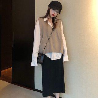 V-neck Knit Vest / Plain Shirt / Straight Fit Midi Skirt