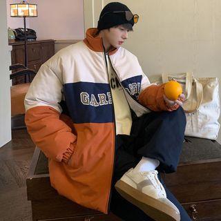 Color Block Lettering Padded Zip-up Jacket
