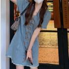 Puff-sleeve Lace-up A-line Denim Dress