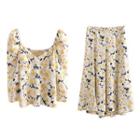 Long-sleeve Floral Print Top / Midi A-line Skirt / Set