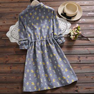 Long-sleeve Bear Print Shirtdress