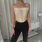 Two Tone Striped Mesh Cropped Tank Top