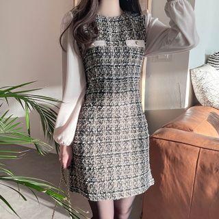 Contrast-sleeve Tweed Dress