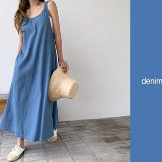 Flared Denim Maxi Overall Dress Blue - One Size
