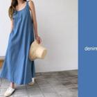 Flared Denim Maxi Overall Dress Blue - One Size
