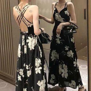 Spaghetti-strap Cross-back Floral Print Maxi A-line Dress