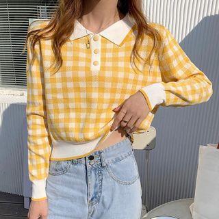 Gingham Knit Cropped Polo Shirt