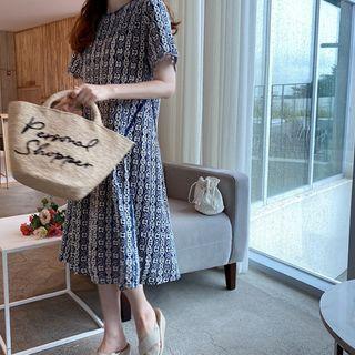 Set: Contrast-trim Perforated Dress + Slipdress Navy Blue - One Size