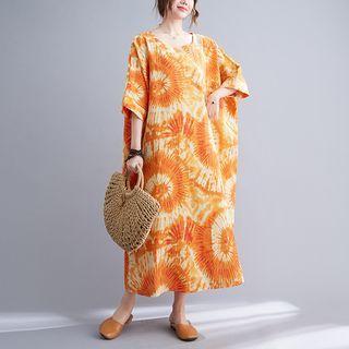 Short-sleeve Tie-dyed Midi A-line Dress Orange - One Size