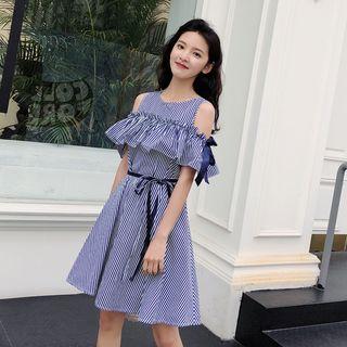 Ruffle Short-sleeve Cold Shoulder A-line Dress