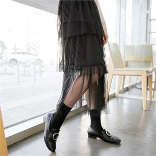 Mesh-overlay Long Tiered Skirt