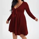 Plus Size Long-sleeve V-neck Ribbon Front Plain A-line Dress