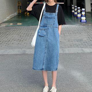 Pocket-front Midi Denim Pinafore Dress