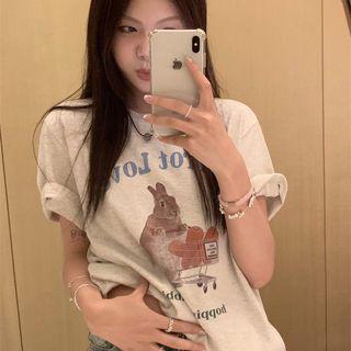 Rabbit Print T-shirt Light Gray - One Size
