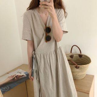 Plain Side-tie V-neck Midi Dress