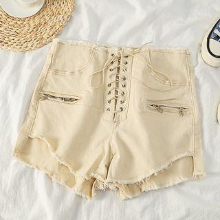 Lace-up High-waist Fray Hem Hot Pants