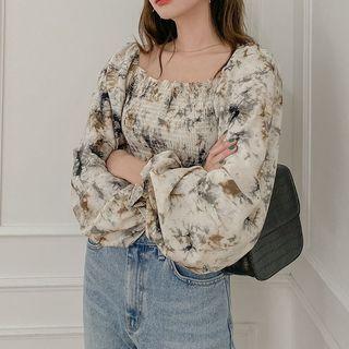 Printed Long-sleeve Square-neck Cropped Blouse
