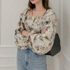 Printed Long-sleeve Square-neck Cropped Blouse