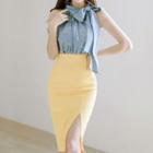 Set: Print Sleeveless Tie-neck Blouse + Pencil Skirt