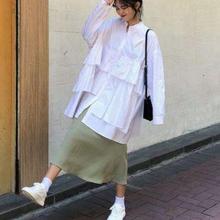 Ruffle Trim Long Blouse / Midi A-line Skirt