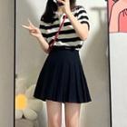 Short-sleeve Striped Polo Top / Pleated A-line Skirt / Set