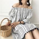 Bobble Trim Printed Off-shoulder Sundress